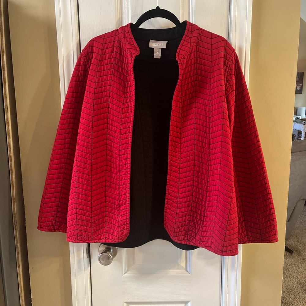 Chico's Red black quilted Textured Open Jacket size 2 (L12)